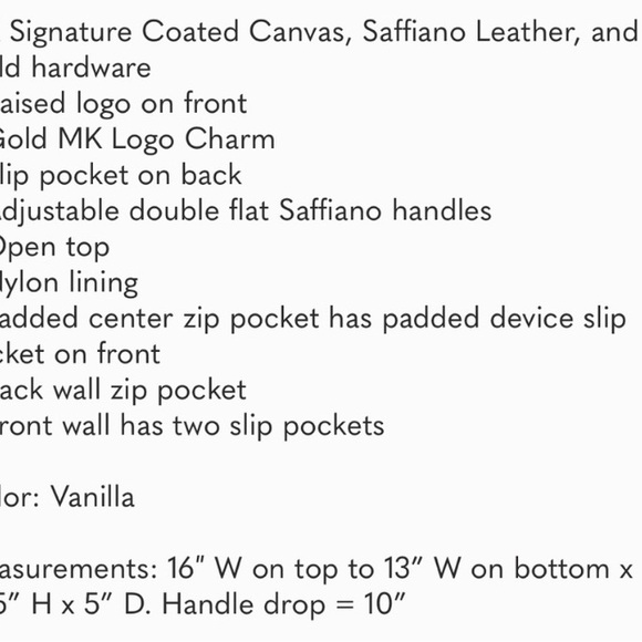 MICHAEL KORS “WALSH” LEATHER VANILLA TOTE W/MK GOLD CHARM - Picture 7 of 7